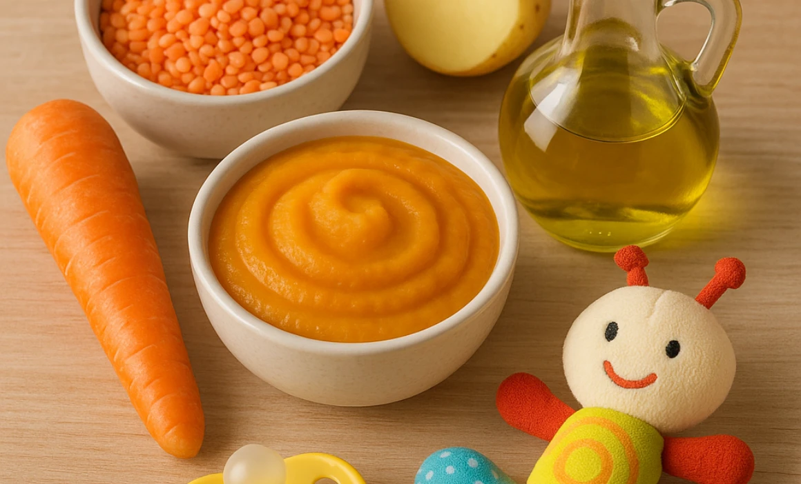 Ingredients to red lentil and root vegetables puree