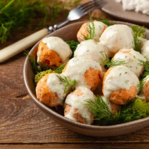 Salmon Meatballs with Rice & Creamy Dill Sauce