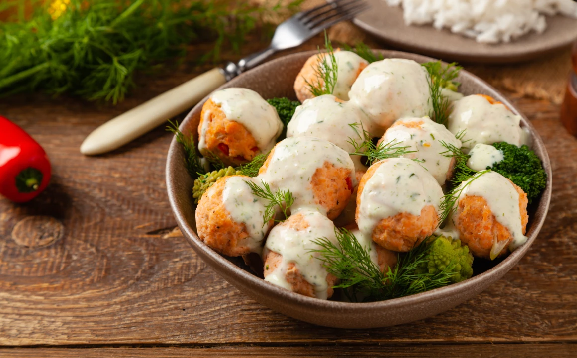 Salmon Meatballs with Rice & Creamy Dill Sauce