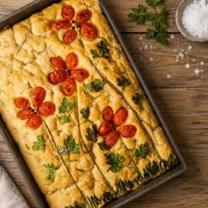 Easy homemade focaccia bread decorated with cherry tomato flowers and fresh parsley, baked until golden brown and fluffy.