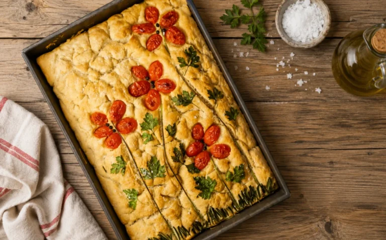 Easy homemade focaccia bread decorated with cherry tomato flowers and fresh parsley, baked until golden brown and fluffy.